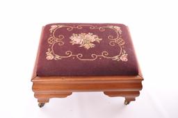 Antique Wood Foot Stool with Needlepoint Cushion and Brass Casters