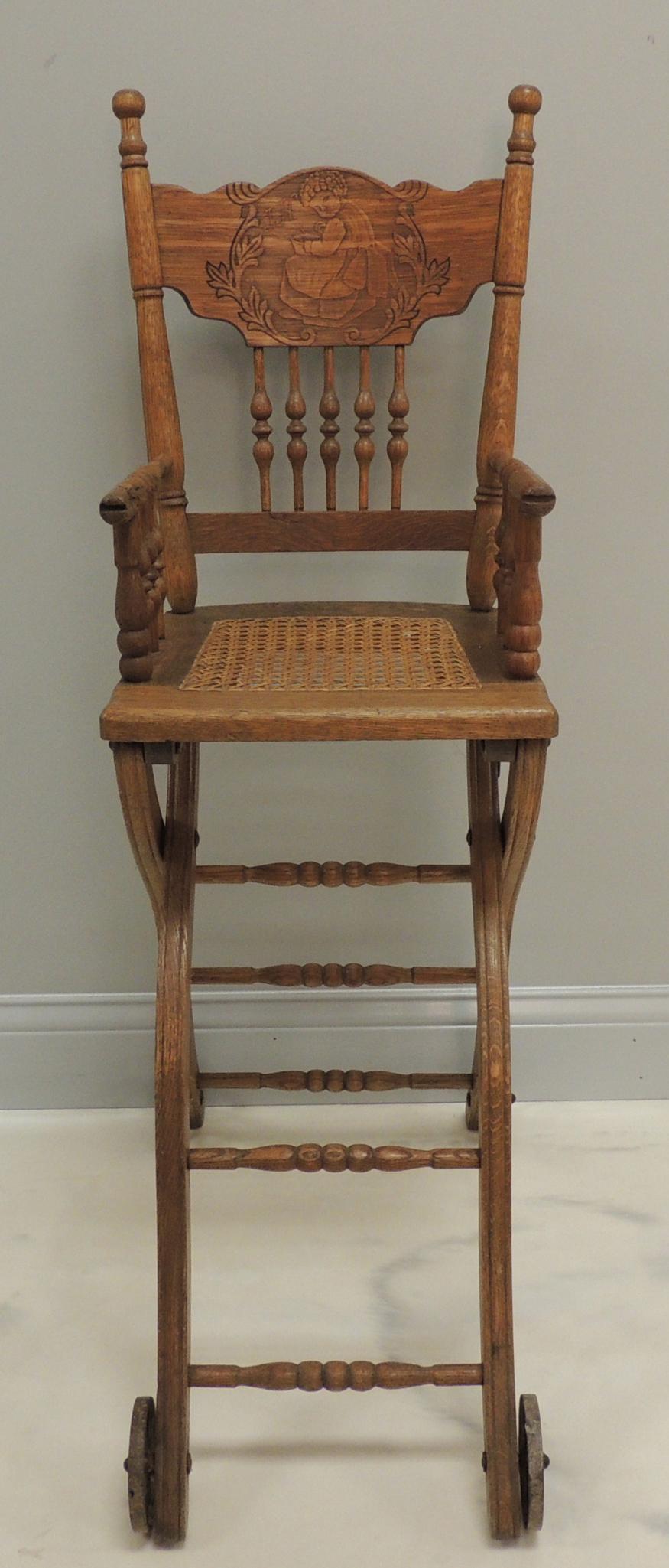 Antique Oak High Chair with Caned Seat and Wheels