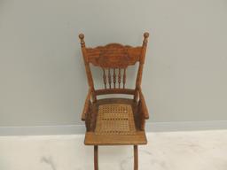 Antique Oak High Chair with Caned Seat and Wheels