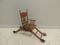 Antique Oak High Chair with Caned Seat and Wheels