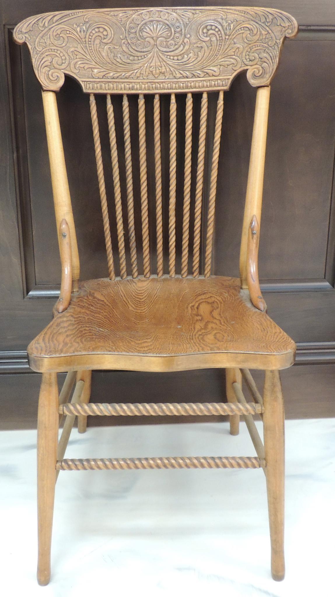 Antique Ornate Carved Back Ash Side Chair with Turned Spindles