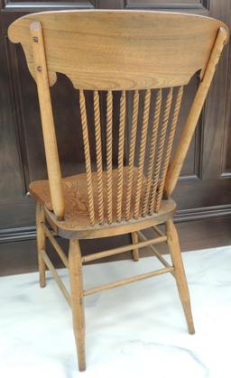 Antique Ornate Carved Back Ash Side Chair with Turned Spindles