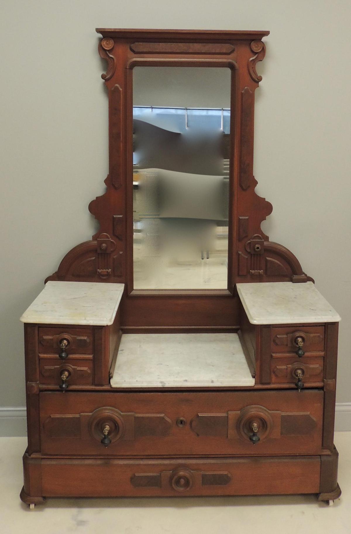 Antique Walnut Vanity with Marble Top, Mirror, and Teardrop Pulls