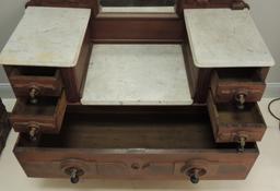 Antique Walnut Vanity with Marble Top, Mirror, and Teardrop Pulls