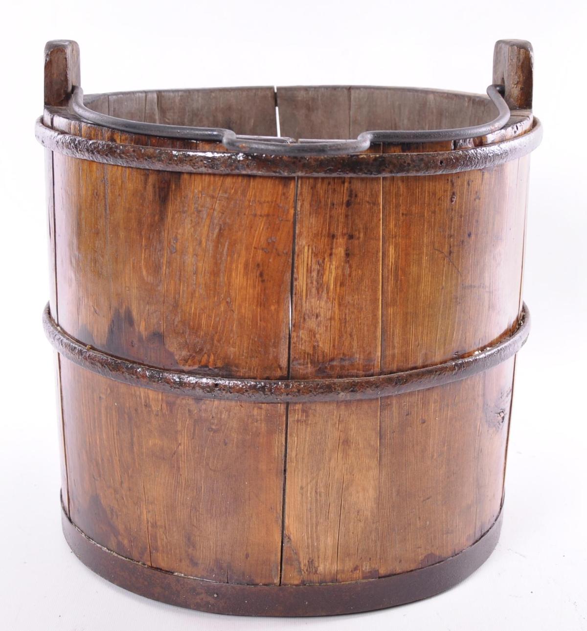 Antique Wooden Bucket with Cast Iron Rings and Handle