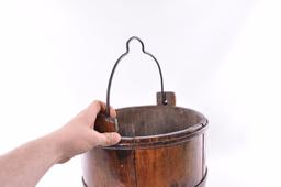 Antique Wooden Bucket with Cast Iron Rings and Handle