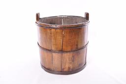 Antique Wooden Bucket with Cast Iron Rings and Handle