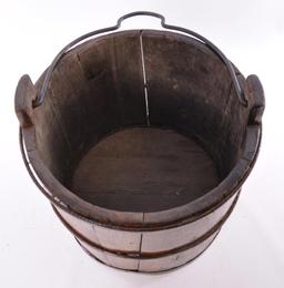 Antique Wooden Bucket with Cast Iron Rings and Handle