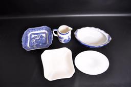 Group of 3 "Willow Ware" Casserole Dishes and Creamer