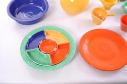 Large Group of Vintage Fiestaware : Relish Dish, Harlequin Ball Pitcher, Chop Plate and More