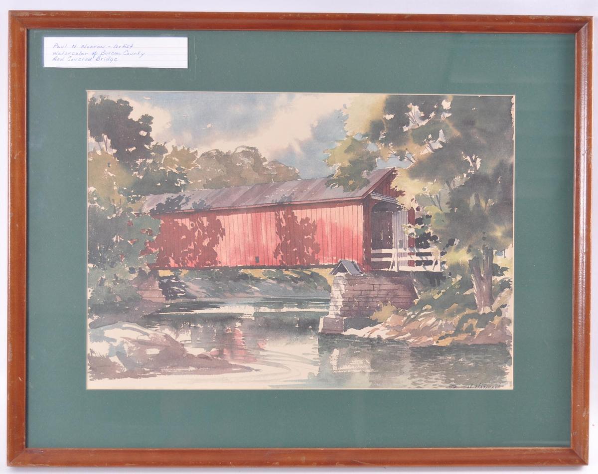 Paul N. Norton (American Artist 1909 - 1984) Watercolor of Bureau County "Red Covered Bridge"