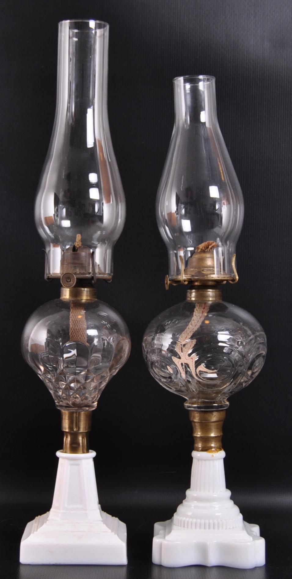 Group of 2 Antique Early American Pressed Glass Oil Lamps with Milk Glass Bases