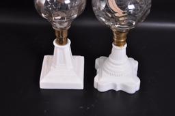 Group of 2 Antique Early American Pressed Glass Oil Lamps with Milk Glass Bases