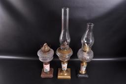Group of 3 Antique Early American Pressed Glass Oil Lamps with Hand Painted Floral Design