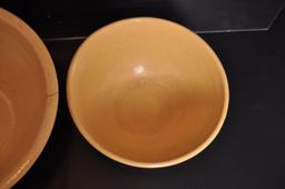 Group of 4 Antique Tan with White and Blue Stripe Stoneware Bowls
