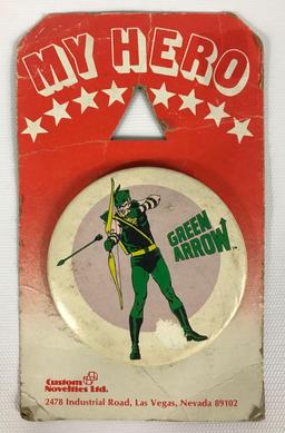 Vintage 1978 My Hero Green Arrow Custom Novelties Ltd. Pinback on Original Card