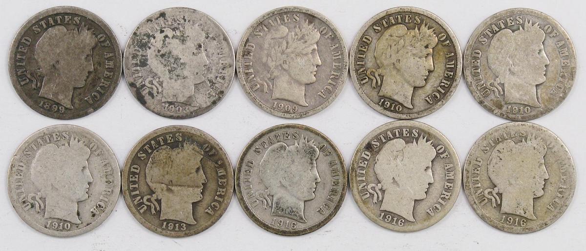 Lot of (10) Barber Silver Dimes.