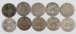 Lot of (10) Barber Silver Dimes.