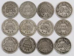 Lot of (12) Barber Silver Dimes.