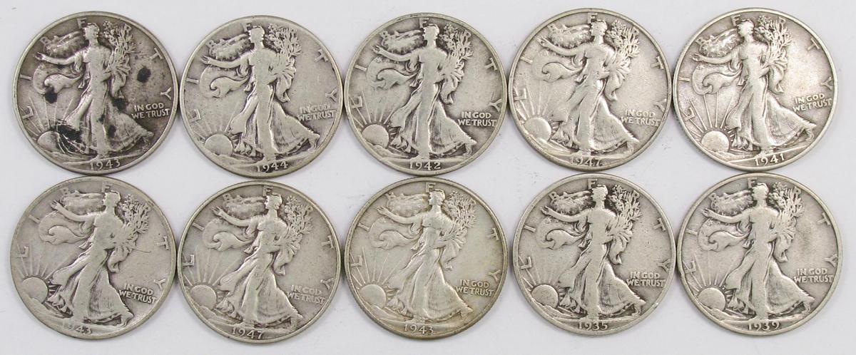 Lot of (10) Walking Liberty Silver Half Dollars.