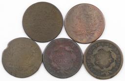 Lot of (5) Draped Bust & Coronet Large Cents.