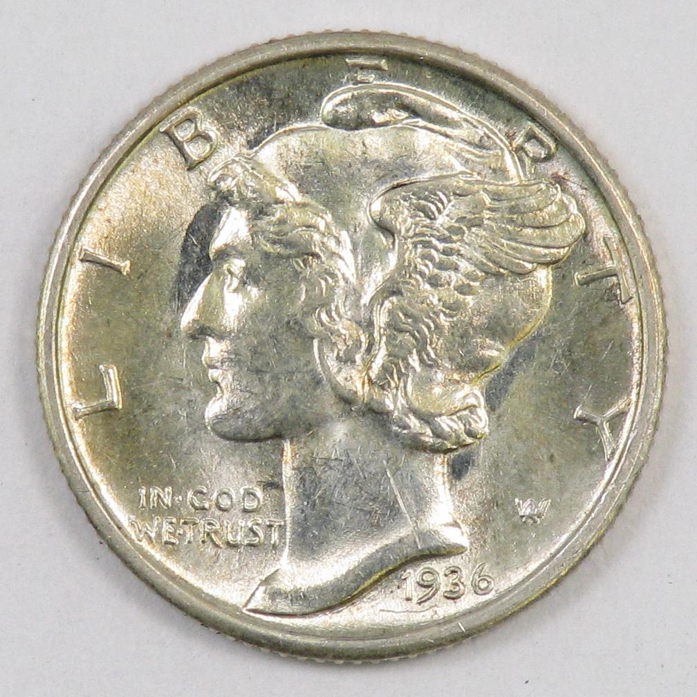 1936 P Mercury Silver Dime.