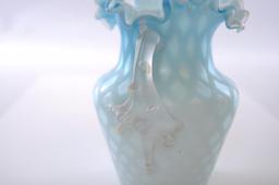 Antique Blue Mother of Pearl Satin Glass Ruffled Ribbon Edge Vase
