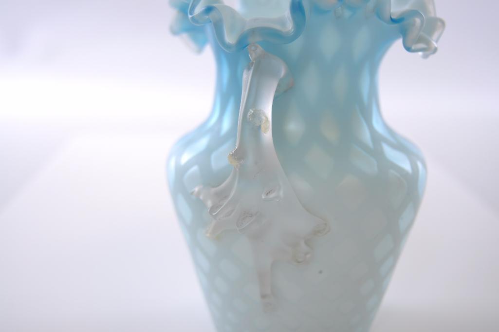 Antique Blue Mother of Pearl Satin Glass Ruffled Ribbon Edge Vase