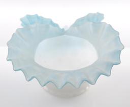 Antique Blue Mother of Pearl Satin Glass Ruffled Ribbon Edge Basket