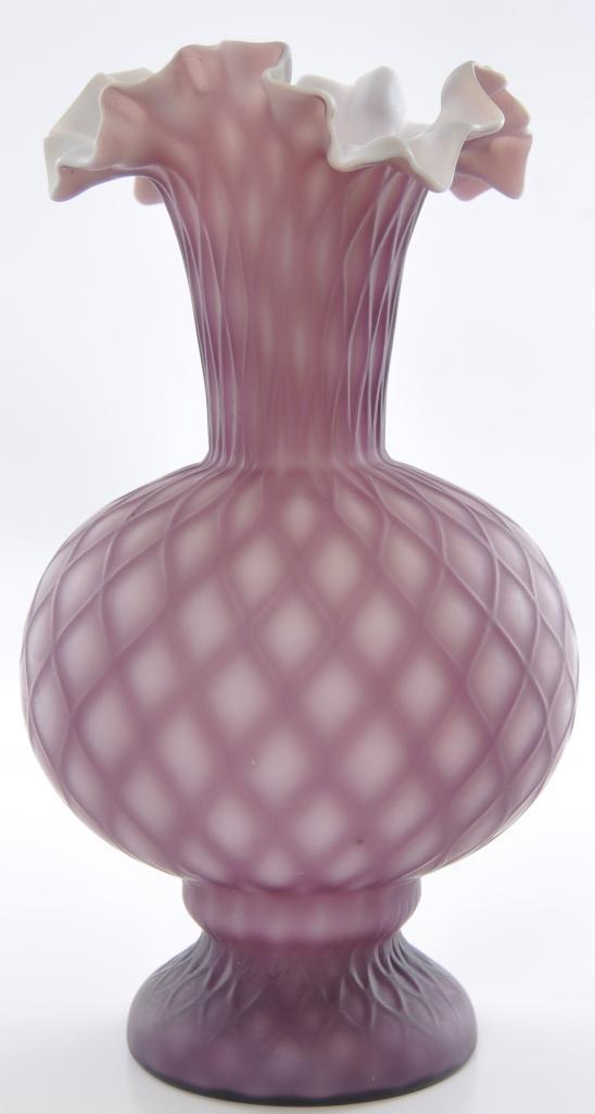 Antique Mt. Washington Purple Cut Velvet Satin Glass Ruffle Ribbon Edge Vase