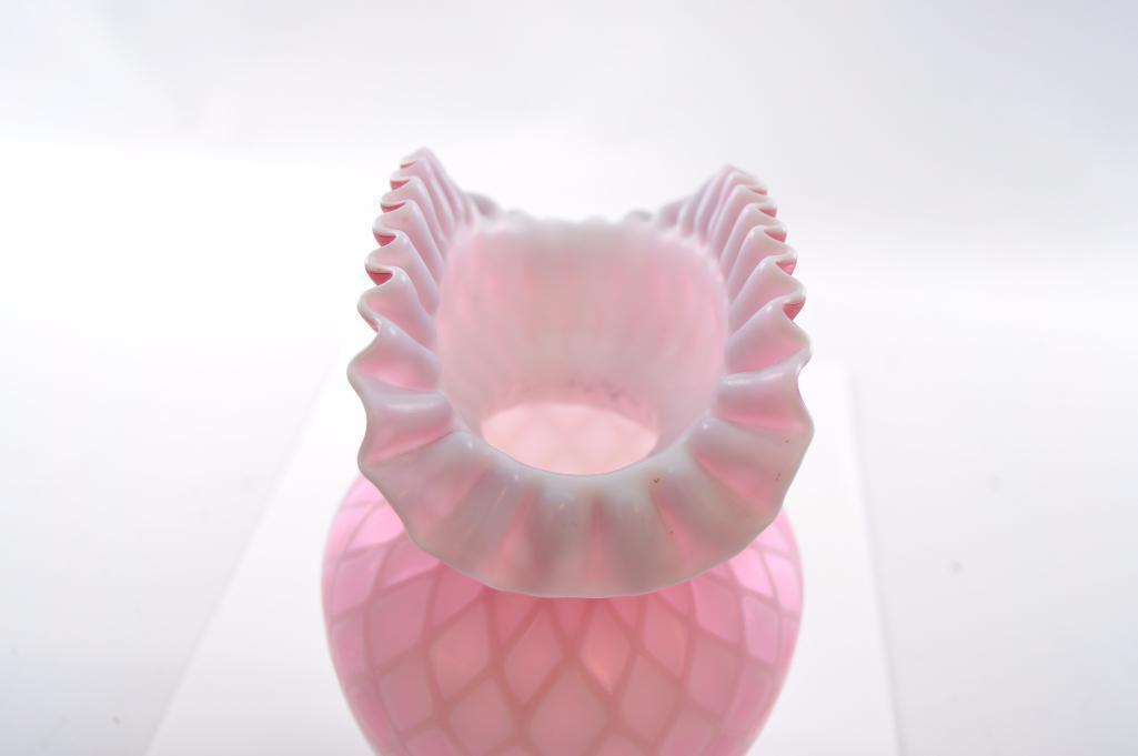 Antique Pink Mother of Pearl Satin Glass Ruffled and Ribbon Edge Vase