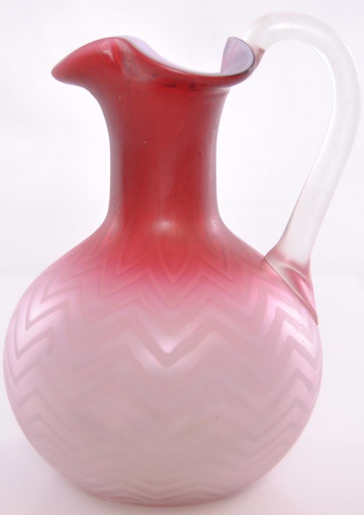 Antique Pink Mother of Pearl Satin Glass Ruffled Edge Pitcher with Herringbone Pattern