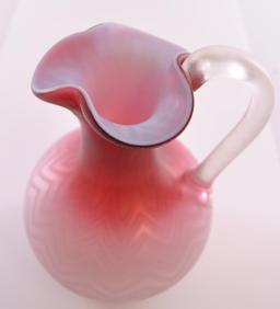 Antique Pink Mother of Pearl Satin Glass Ruffled Edge Pitcher with Herringbone Pattern