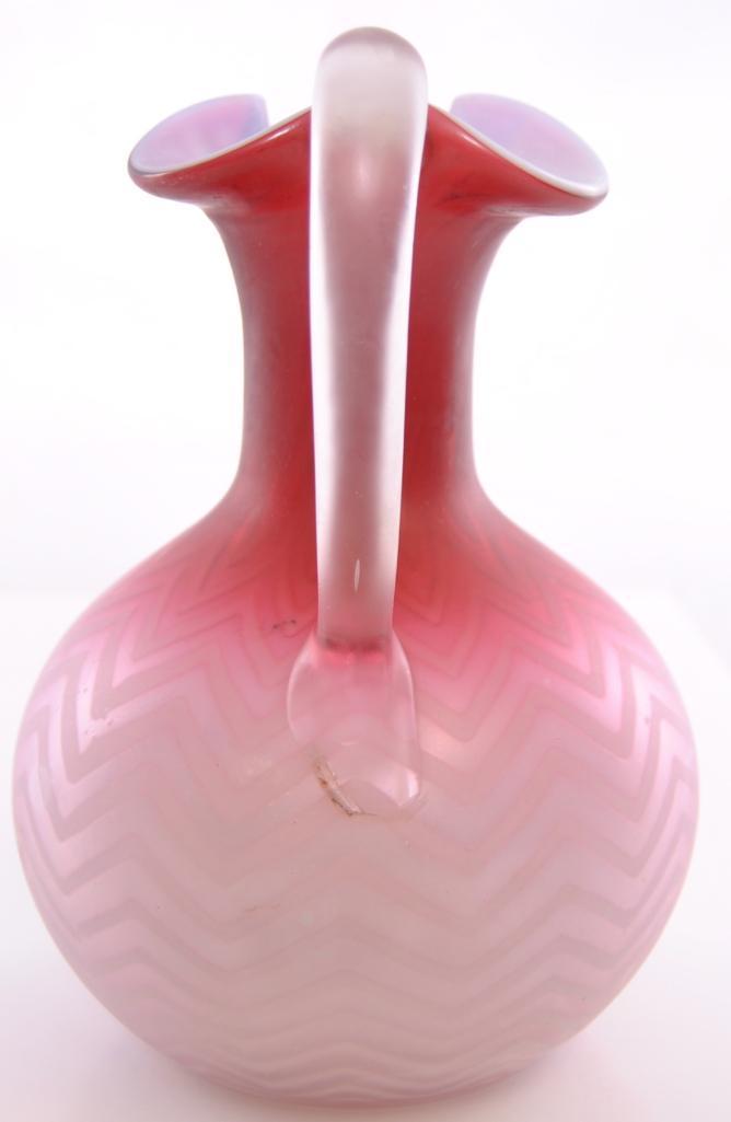 Antique Pink Mother of Pearl Satin Glass Ruffled Edge Pitcher with Herringbone Pattern