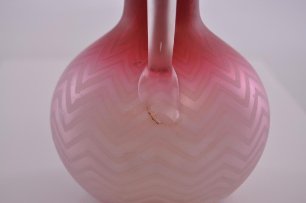 Antique Pink Mother of Pearl Satin Glass Ruffled Edge Pitcher with Herringbone Pattern