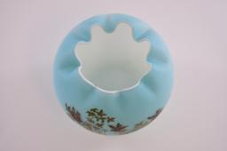 Antique Blue Satin Glass Rose Bowl with Handpainted Bird Design