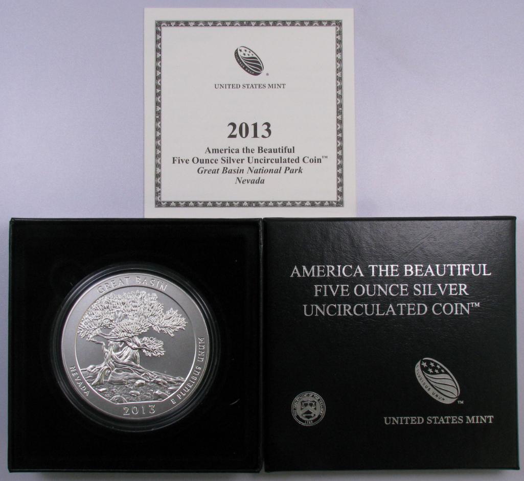 2013 5oz. America The Beautiful Great Basin .999 Fine Silver. Matte Finish.