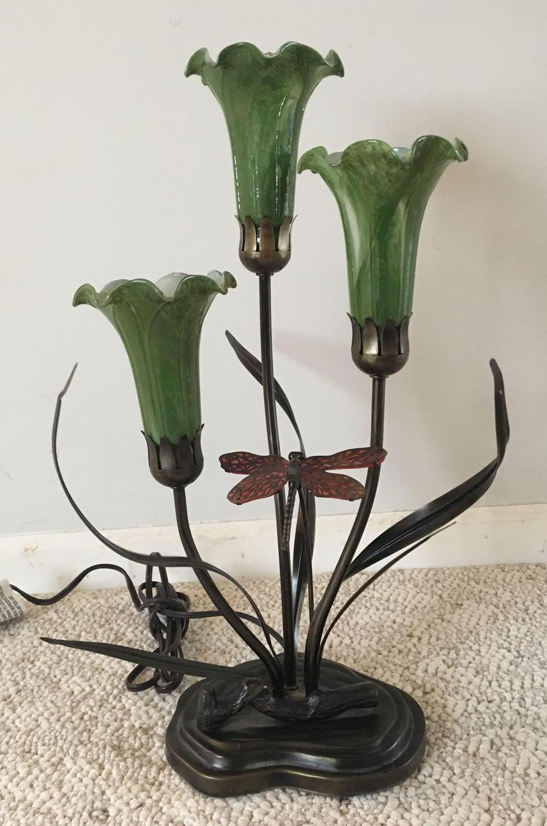 Metal Base with Green Flowers and Dragonfly Lamp