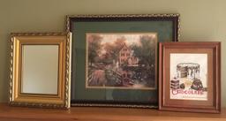 Group of 3 Needlepoint, Mirror and Old Mill Scene Pictures
