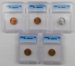 Lot of (5) Lincoln Wheat Cents all (ICG) MS66.