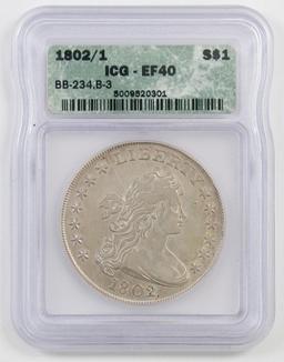1802/1 Draped Bust Dollar (ICG) EF40.
