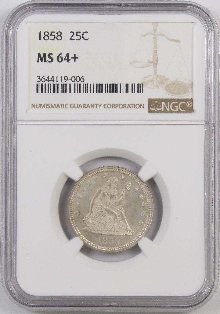 1858 Seated Liberty Quarter. (NGC) MS64+.