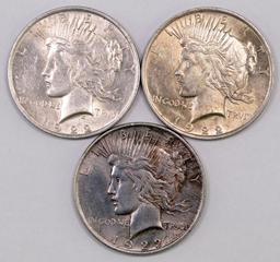 Lot of (3) 1922 P Peace Silver Dollars