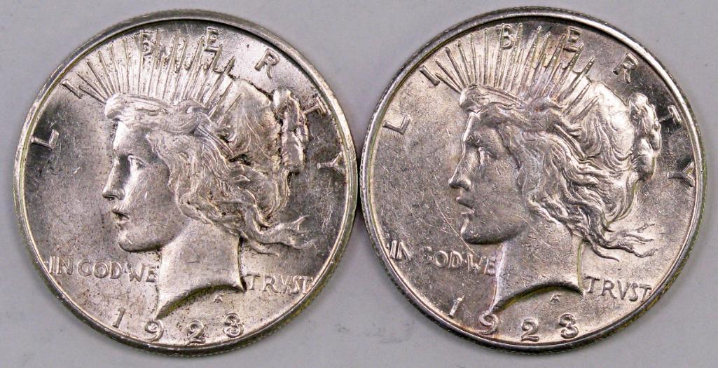 Lot of (2) 1923 S Peace Silver Dollars.