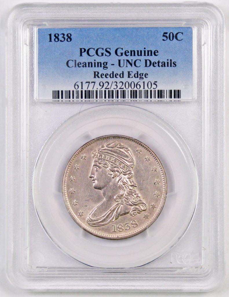 1838 Capped Bust Half Dollar (PCGS) Genuine Unc Details Cleaning.