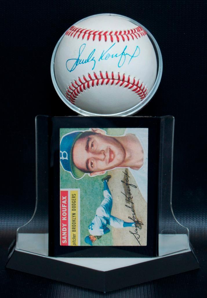 Signed Brooklyn Dodgers Sandy Koufax Baseball with Trading Card and Display