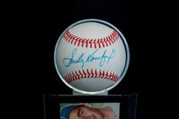 Signed Brooklyn Dodgers Sandy Koufax Baseball with Trading Card and Display