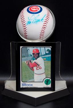 Signed Chicago Cubs/St. Louis Cardinal Lou Brock Baseball and Trading Card with Display