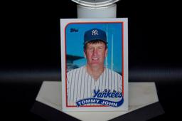 Signed New York Yankee Tommy John Baseball with Trading Card and Display