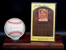 Signed Cleveland Indian Louis Boudreau Baseball and HOF Postcard with Display